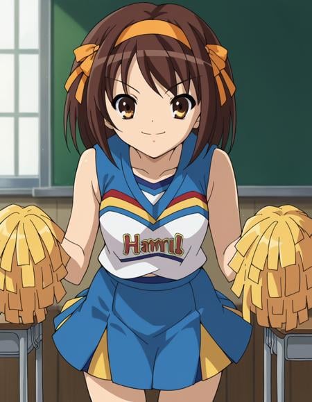 score_9, score_8_up, score_7_up, source_anime,haruhisuzumiya,  <lora:haruhi-suzumiya-s1-ponyxl-lora-nochekaiser:1>,haruhi suzumiya, short hair, brown hair, brown eyes, hairband, medium hair, ribbon, hair ribbon,skirt, pleated skirt, blue skirt, cheerleader, pom pom \(cheerleading\), sleeveless,indoors, classroom, bent over, smile,looking at viewer, cowboy shot, solo,