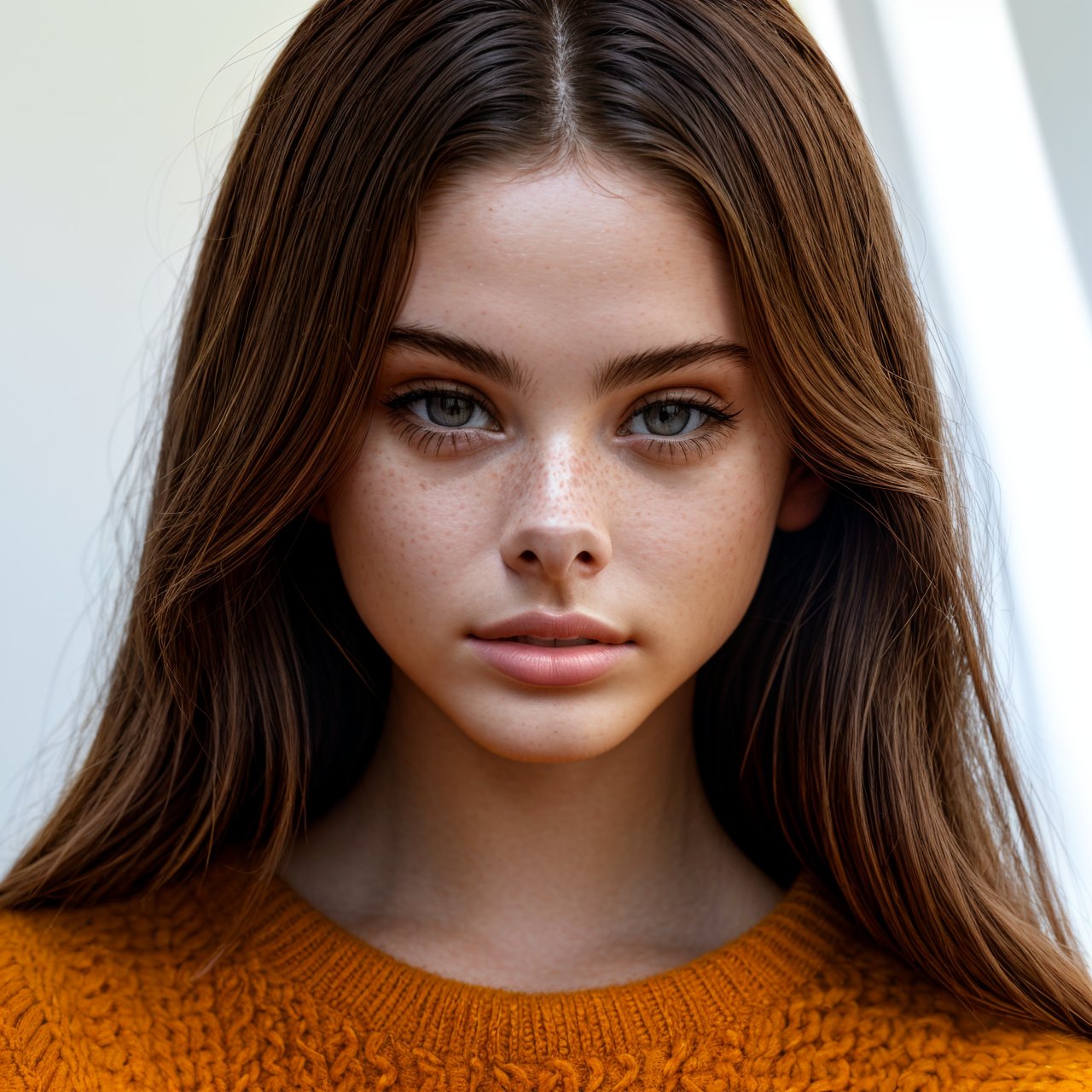 best quality, extra resolution, wallpaper view from above, portrait of cute (AIDA_LoRA_MeW2023:1.07) <lora:AIDA_LoRA_MeW2023:0.97> in (simple yellow sweater:1.1), [stunning woman], pretty face, naughty, funny, happy, playful, cinematic, composition, kkw-ph1, (colorful:1.1), (studio photo:1.1), (simple white background:1.1)