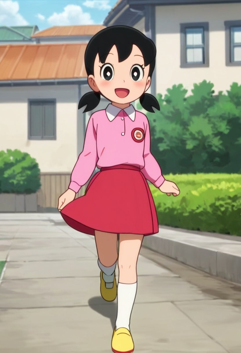 score_9, score_8_up, score_7_up, score_6_up, score_5_up, score_4_up, source_anime,minamoto shizuka,1girl, solo, skirt, outdoors, black hair, socks, white socks, twintails, red skirt, shoes, smile, shirt, open mouth, black eyes, pink shirt, looking at viewer, short twintails, kneehighs, collared shirt, long sleeves, :d, day, bright pupils, white pupils, house, low twintails, short hair, running, yellow footwear, blush, child,masterpiece, perfect face, best quality, beautiful eyes, shiny eyes, anime coloring, anime screencap, absurdres, award winning, <lora:minamoto shizuka nai3 905:0.7>