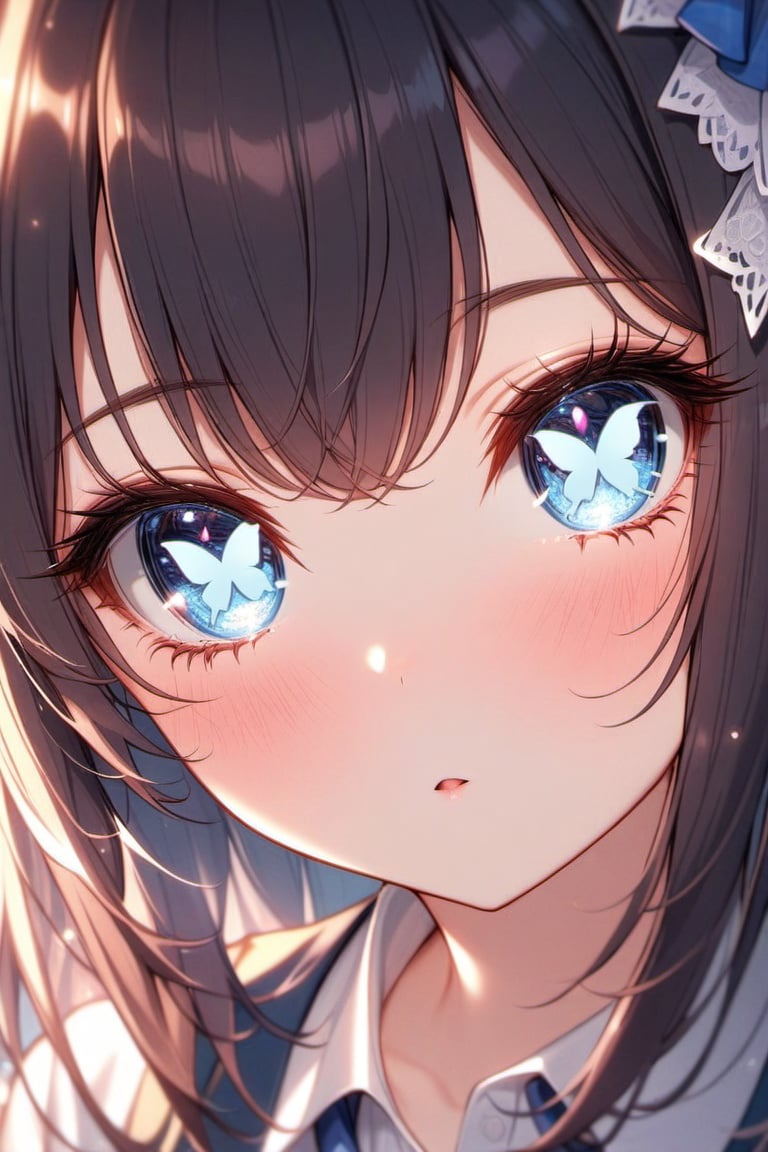 best quality, very aesthetic, absurdres, black hair, blue eyes,school uniform,  <lora:ShapedPupilsV08:1> (delicate detailed butterfly-shaped pupils),close up,