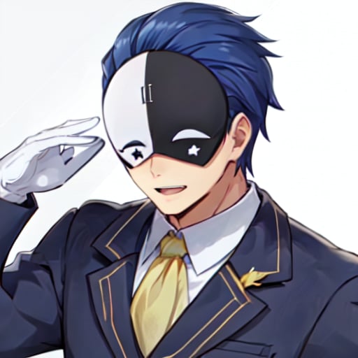 <lora:Vanir Spoch8:0.75>, vanir-liver020, 1boy, solo, (mask:1.1), blue hair, white gloves, formal, suit, jacket, ascot, black and white mask, 