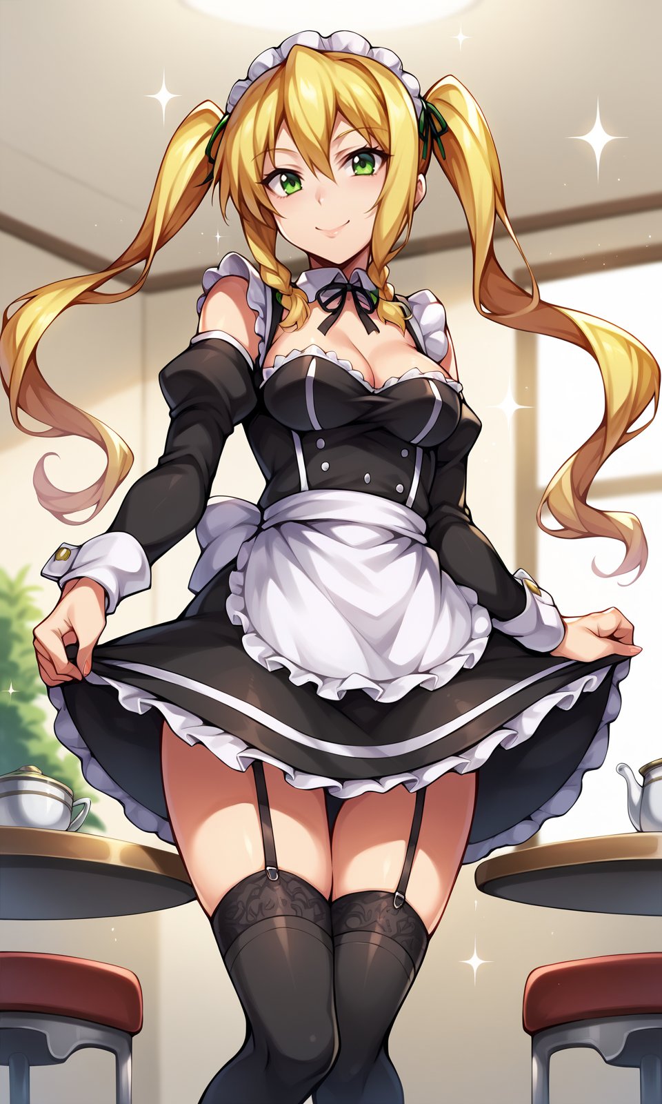 score_9, score_8_up, score_7_up, score_6_up, BREAK1girl, himegamikodama, apron, black legwear, blonde hair, breasts, cleavage, detached sleeves, enmaided, garter belt, garter straps, long hair, maid, maid headdress, medium breasts, solo, sparkle, standing, thighhighs, twintails, waitress, green eyes,looking at viewer, closed mouth, light smile,indoors,<lora:HimegamiKodama_Pony:1>