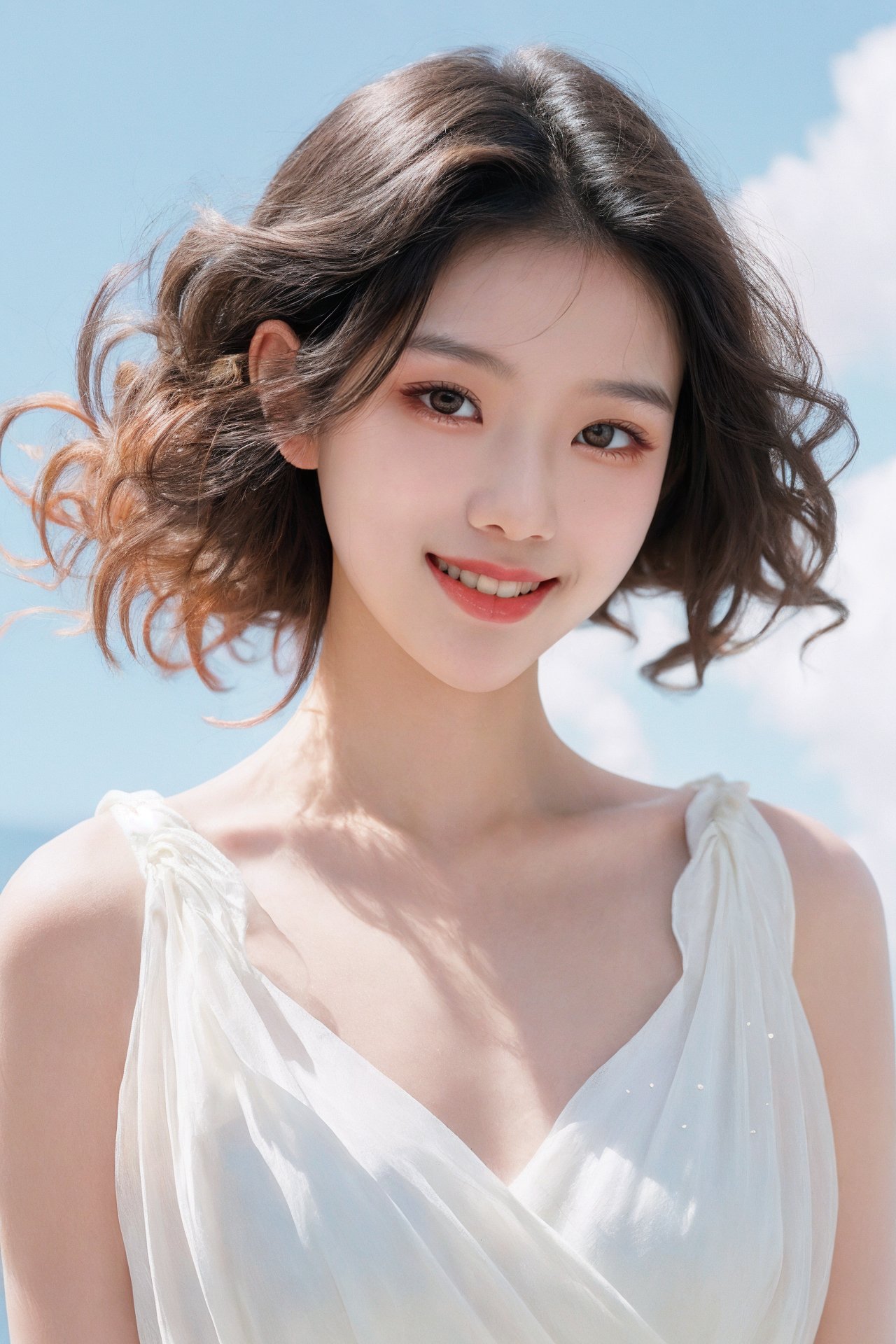 Film photography,asian women,young,white dress,looking at viewer,soft sunshine,(shoulder exposed:0.9),virtualization,flower,film particles,portrait,blue sky,cloud,smile,closed mouth,curly hair,, 8K,masterpiece, best quality:1.2,ultrahigh-res,