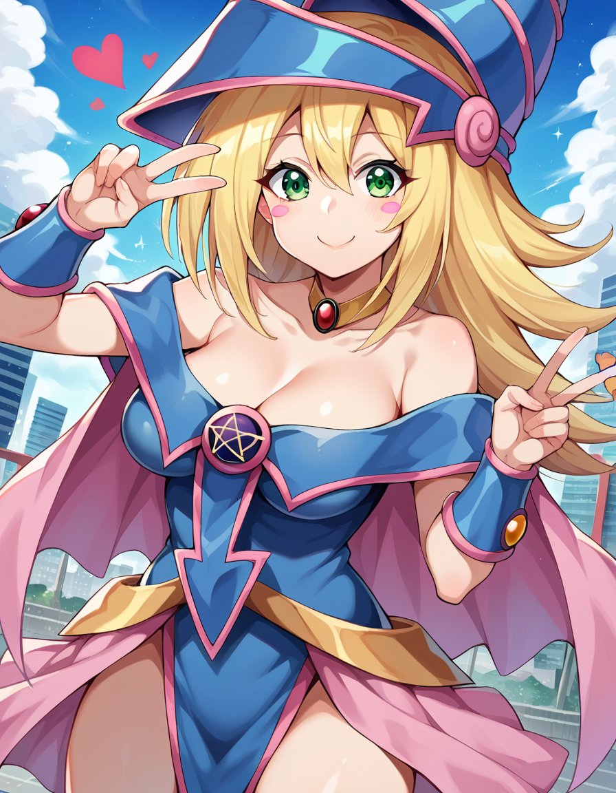 score_9, score_8_up, score_7_up, source_anime,darkmagiciangirl, <lora:dark-magician-girl-ponyxl-lora-nochekaiser:1>dark magician girl, blonde hair, choker, green eyes, long hair, blush, blush stickers, smile, mature female,bare shoulders, blue footwear, blush, blush stickers, cleavage, collarbone, duel monster, hat, off shoulder, pentacle, wizard hat,outdoors, cityscape, peace sign, heart,looking at viewer, dutch angle, cowboy shot,