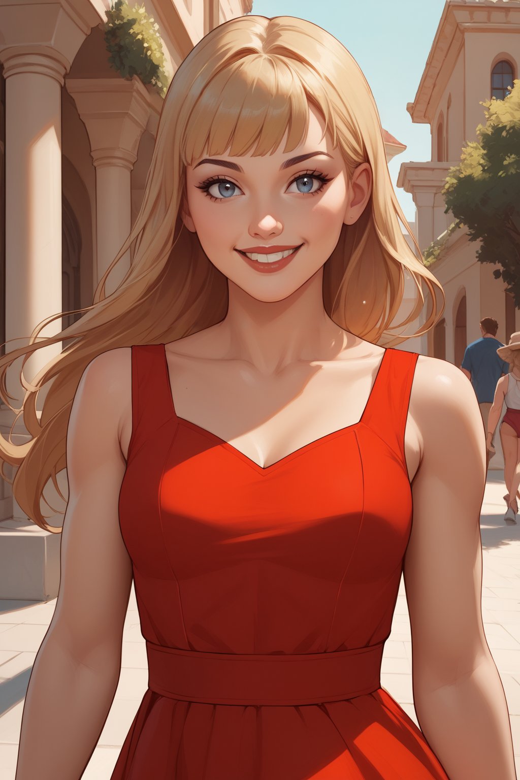 score_9, score_8_up, score_7_up, masterpiece, high quality  <lora:Magik ModernPonyLoRA:0.8> mgik, long hair, bangs, wearing red summer dress, walking on the coast of greece, upper body, smile