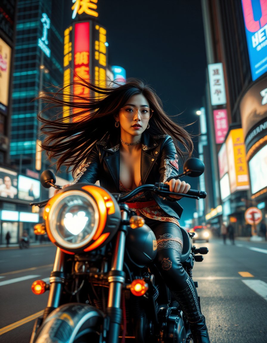 A dynamic scene of a girl riding a motorcycle in a cyberpunk setting, her hair flowing freely in the wind, emphasizing the speed of her ride. almost as if it were floating around her. She wears a sleek, futuristic glasses with a visor that reflects the neon lights of a bustling cityscape. Her outfit is a blend of leather and high-tech materials, featuring vibrant colors and intricate patterns that evoke the gritty yet vibrant atmosphere of a cyberpunk world. The motorcycle itself is a cutting-edge machine, with glowing accents and a streamlined design that suggests speed and power. As she rides through the neon-lit streets, the blurred lights create a dynamic backdrop, enhancing the sense of motion and adrenaline. The night sky above is filled with towering skyscrapers, illuminated by holographic advertisements and vibrant billboards, adding to the immersive cyberpunk environment. The overall mood is energetic and rebellious, capturing the spirit of freedom and adventure in a futuristic urban landscape  <lora:hinaFluxAsianMixLora-schnell_v2:0.9>