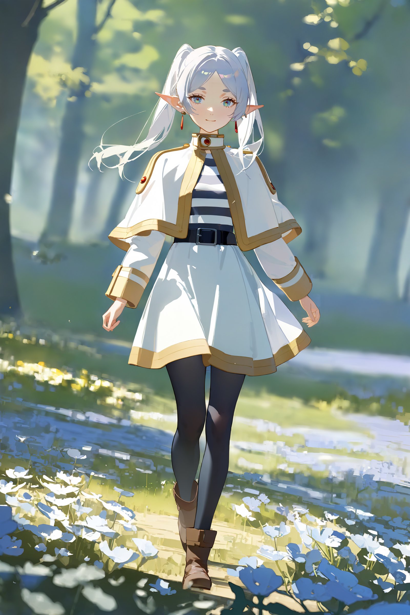 masterpiece, best quality, very aesthetic, ray tracing, newest, (hitenkei, askzy:0.4),1girl, frieren, solo, twintails, earrings, black pantyhose, black belt, capelet, white skirt set, striped shirt, white jacket, brown boots, full body, walking, looking at viewer, light smile, flower field, scenery, outdoors, depth of field <lora:quality1:0:hr=2>,  <lora:Char-Frieren-XL-V1:0.9>