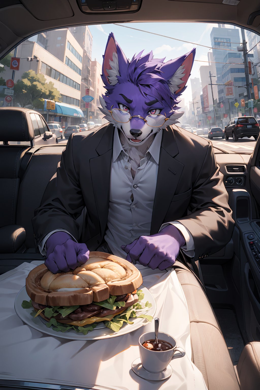 best hands,wide Shot,best quality,from below,(masterpiece,ultra detailed 8k art,cowboy Shot),fisheye lens,from the front,(anthro:1.5),looking away,1  purple furry male, purple furry hand,Fluffy, (Focus on the purple male dog),close-up face,Inside the car,Late 30s male anthropomorphic dog BREAKlook out the window,Wear glasses,holding a sandwich in one hand, dressed in a business suit,navigating traffic in a white car during his morning commute , troubled eyebrows, closed mouth, (many cars outside the window)  BREAKFrustration sets in as he's caught in a traffic jam, trying to stay composed while steering from the driver's seat,A comedic scenario takes place as the hurried male driver munches on a breakfast sandwich while steering through the traffic snarl, deftly navigating the morning rush.