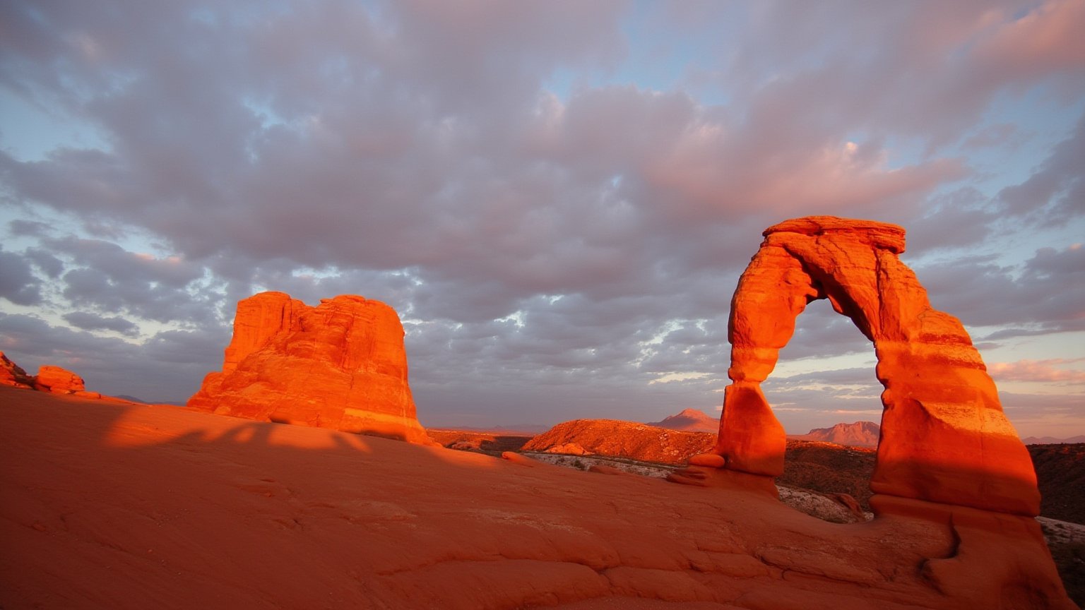 This is a high-resolution photograph capturing the iconic natural arch formation known as the Delicate Arch in Arches National Park, Utah, USA. The arch, made of reddish-orange sandstone, is situated in the foreground, with its smooth, curved structure stretching across the frame. The arch is illuminated by the warm, golden light of either the rising or setting sun, casting dramatic shadows and highlighting its rugged texture.In the background, the landscape extends into a vast desert expanse, featuring similar reddish-brown rock formations and a distant mountain range with a soft, hazy outline. The sky above is filled with a mix of light and dark clouds, painted with a gradient of blues, grays, and pinks, indicating either early morning or late afternoon. The overall color palette is dominated by earthy tones, with the warm hues of the arch contrasting against the cooler blues and grays of the sky.The photograph captures the grandeur and solitude of the natural landscape, emphasizing the delicate balance between the arch's delicate structure and the rugged, expansive terrain around it. The image is a serene and majestic representation of the natural beauty of the American Southwest.<lora:flux_realism_lora:0.8>  <lora:us_national_parks_lora_flux_v1:1>