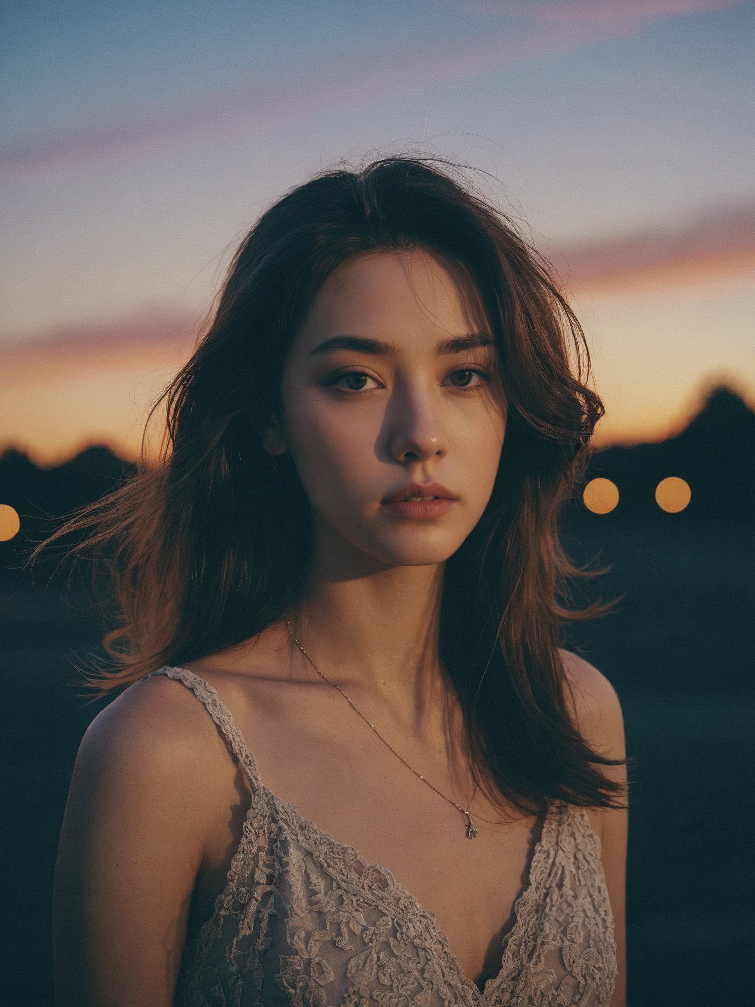 1girl sunset detailed,surreal dramatic lighting shadow (lofi, analog, kodak film) by Brandon Woelfel Ryan McGinley,