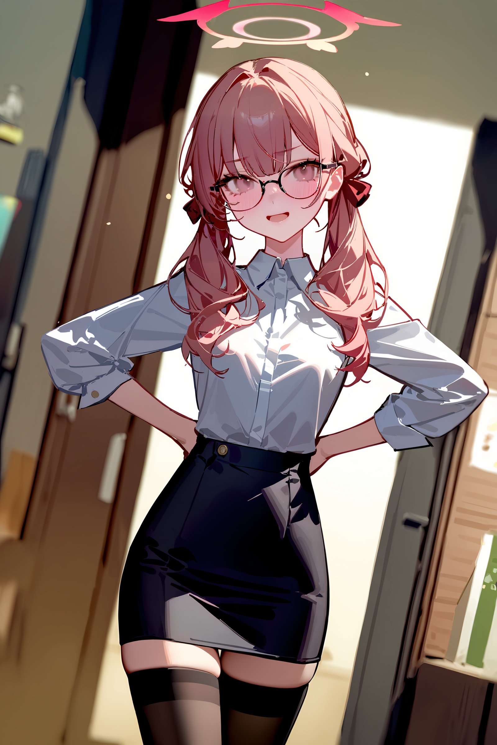 masterpiece, best quality, perfect features, intricate details, ray tracing, newest,(hitenkei, askzy:0.4), 1girl, koharu \(blue archive\), twintails, halo, solo, office lady, collared shirt, white shirt, pencil skirt, black thighhighs, glasses, looking at viewer, cowboy shot, office, indoors, depth of field, smug, open mouth, hands on hips <lora:Char-BlueArchive-Koharu-V1-XL:0.9> 