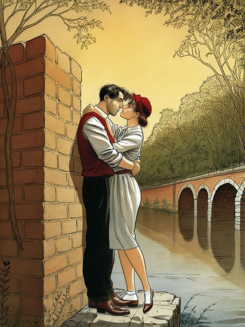 a man and woman embracing, outdoors, forest, brick wall, river, illustration by Jean-Pierre Gibrat <lora:byJeanPierreGibratXL:1>