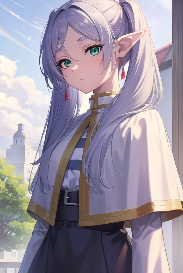 frieren, <lora:frierenv2-lora-nochekaiser:1>,frieren, long hair, twintails, (green eyes:1.5), grey hair, pointy ears, elf,BREAK shirt, long sleeves, jewelry, pantyhose, earrings, striped, black pantyhose, capelet, striped shirt,BREAK outdoors, sky, nature,BREAK looking at viewer, (cowboy shot:1.5),BREAK <lyco:GoodHands-beta2:1>, (masterpiece:1.2), best quality, high resolution, unity 8k wallpaper, (illustration:0.8), (beautiful detailed eyes:1.6), extremely detailed face, perfect lighting, extremely detailed CG, (perfect hands, perfect anatomy),