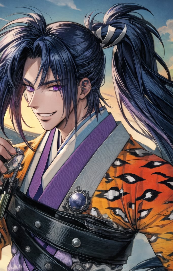 (masterpiece, best quality:1.3), 8k resolution, digital illustration, 3d, original, 2d, traditional media, cinematic, ultra-detailed portrait, hyperdetailed, (deep depth of field:1.3), y0rihisa, 1boy, bishounen, samurai, manly, male focus, (leopard print), Japanese clothes, belt, fingerless gloves, cowboy shot, fighting stance, japanese architecture, warrmth, detailed face, focus, parted lips, !, raised eyebrows, gradient, leaning forward, from side, handsome, manga cover, purple hair, purple eyes, hair intakes, high ponytail, sideways glance, evil grin, evil smile, soft lighting, floating hair, fingerless gloves, dynamic posture, (holding sword:1.3), katana, unsheathing, motion blur, (foreshortening:1.1), (perfect hands:1.3), volumetric lighting, bloom, sky, dark, cloud, blurry foreground, flower, atmosphere, fog, dutch agle, (extremely detailed), intricate details,Hajime_Saitou,1 girl<lora:EMS-179-EMS:0.200000>, <lora:EMS-91280-EMS:0.200000>, <lora:EMS-365546-EMS:1.200000>, <lora:EMS-3262-EMS:0.400000>, <lora:EMS-1093-EMS:0.300000>, <lora:EMS-269853-EMS:0.300000>