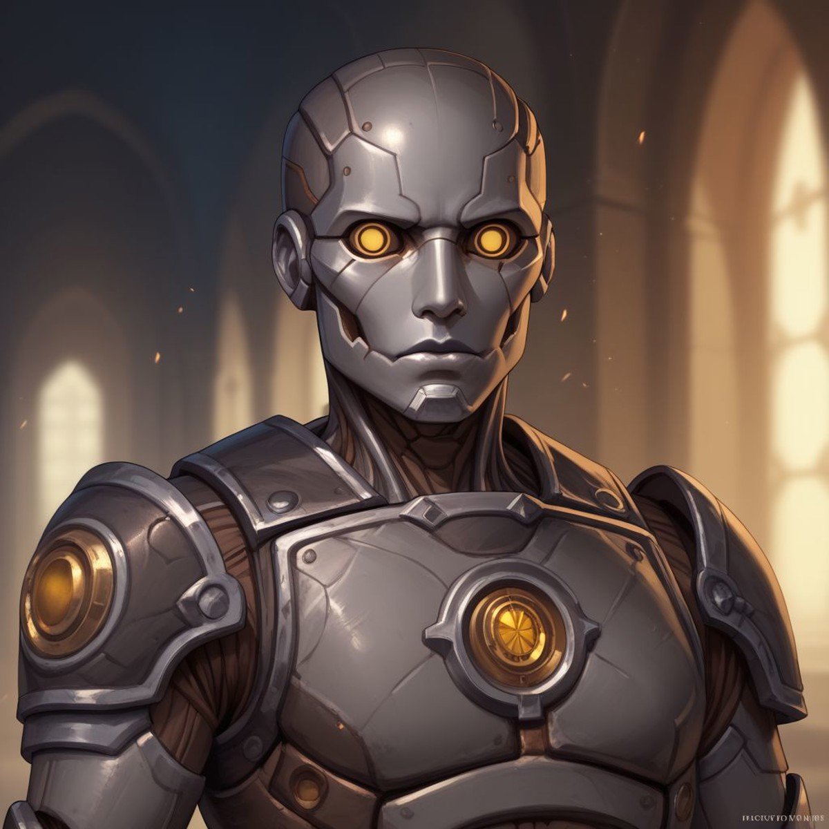 score_9, score_8_up, 8, score_7_up, score_6_up, ((masterpiece)), portrair, warforged, metal body, robot, 1boy, yellow eyes, grey metal,fantasy background, blurred background