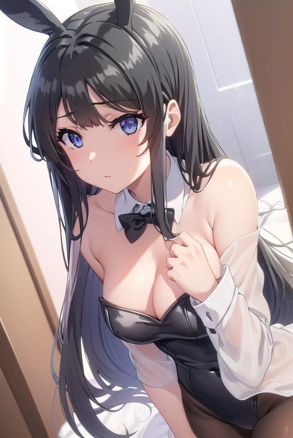 maisakurajima, <lora:mai sakurajima s1-lora-nochekaiser:1>, mai sakurajima, long hair, bangs, (black hair:1.5), hair ornament, (purple eyes:1.1), hairclip, rabbit hair ornament,BREAK bow, animal ears, cleavage, bare shoulders, pantyhose, bowtie, black footwear, rabbit ears, high heels, leotard, black pantyhose, strapless, black bow, detached collar, fake animal ears, playboy bunny, black leotard, strapless leotard, thighband pantyhose, black bowtie,BREAK indoors, library,BREAK looking at viewer, (cowboy shot:1.5),BREAK <lyco:GoodHands-beta2:1>, (masterpiece:1.2), best quality, high resolution, unity 8k wallpaper, (illustration:0.8), (beautiful detailed eyes:1.6), extremely detailed face, perfect lighting, extremely detailed CG, (perfect hands, perfect anatomy),