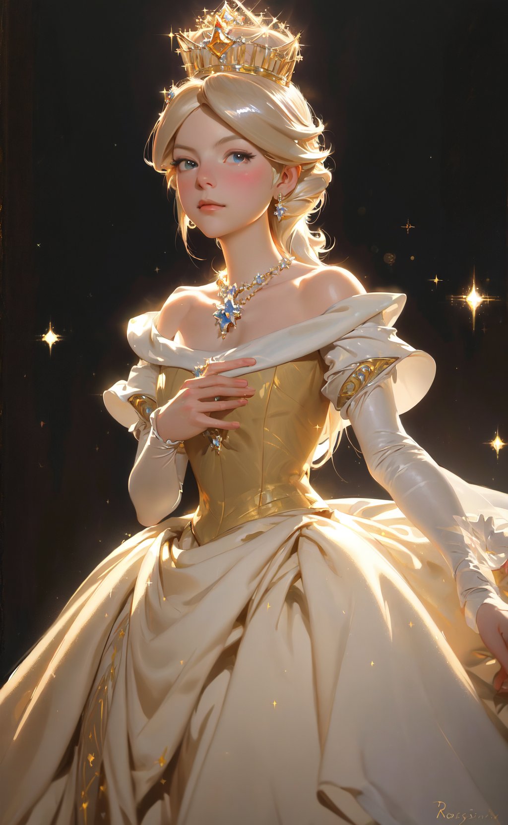 oil painting, John Singer Sargent, 1girl, (Princess Rosalina:1.2), formal, fancy, royal, elegant, sparkle, sparkling, simple background, HDR