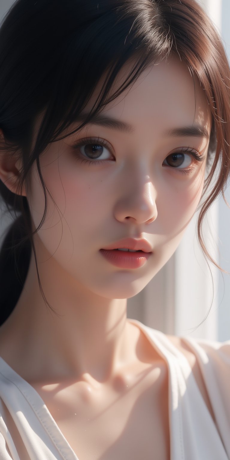 MN,masterpiece:1.2),best quality,high resolution,unity 8k wallpaper,(illustration:1),perfect lighting,extremely detailed CG,finely detail,extremely detailed,soft lighting and shadow,soft yet striking lighting,film grain:1.2,(skin pores:1.2),(detailed skin texture:1),((solo:1.5)),Detailed face,(see-through:1.1),misty,Low Key:1.1,depth of field, 一位年轻的亚洲女性的视线水平视图，她有一头棕色长发、一张白色的脸和粉红色的嘴唇。她的眼睛闭着，嘴唇微微张开。她戴着一条白色项链，上面挂着一个红色吊坠。她的头发向后扎成马尾辫，给她的脸增添了一丝动感。她的裙子是鲜艳的红色，上面有黑色图案。背景是浅灰色，女人的头发是深棕色。