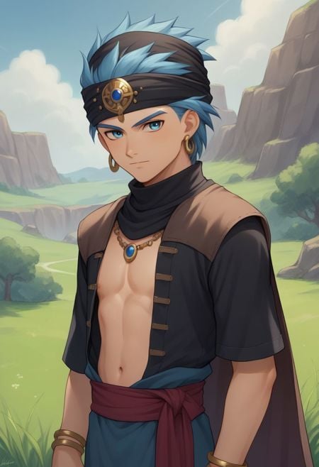 score_9, score_8_up, score_7_up, source_anime, highly detailed, 1boy, solo, male_focus, half body, half body, skinny,erik, turban, solo, jewelry, blue eyes, blue hairs, 1boy, male focus, earrings, bracelet, ring, shirt, black whirt, belly, cape.outdoor, 