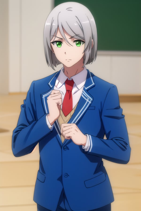 broodlevkaiser, <lora:brood lev kaiser s2-lora-nochekaiser:1>,brood lev kaiser, (green eyes:1.3), grey hair, male focus,BREAK school uniform, jacket, necktie, pants, formal, suit, blue jacket, red necktie,BREAK indoors, classroom,BREAK looking at viewer,BREAK <lyco:GoodHands-beta2:1>, (masterpiece:1.2), best quality, high resolution, unity 8k wallpaper, (illustration:0.8), (beautiful detailed eyes:1.6), extremely detailed face, perfect lighting, extremely detailed CG, (perfect hands, perfect anatomy),