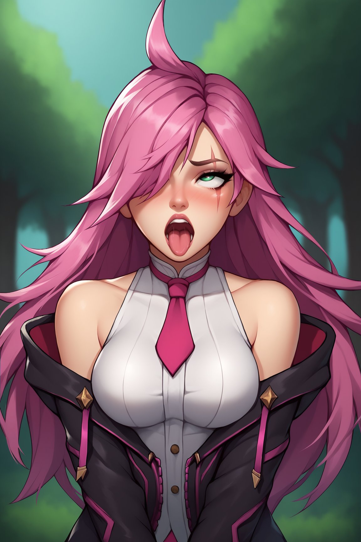 score_9, score_8_up, score_7_up, score_6_up, score_5_up, score_4_up, BREAK, KatarinaBAXL, katarina \(league of legends\), scar across eye, green eyes, pink hair, long hair, hair over one eye, ahoge, medium breasts, bare shoulders, open jacket, black jacket, pink necktie, white shirt, solo, front view, v arms, (portrait, upper body), solo focus, (ahegao), rolling eyes, open mouth, tongue out, naughty face, nose blush, forest, tree <lora:KatarinaBAXL:0.9>
