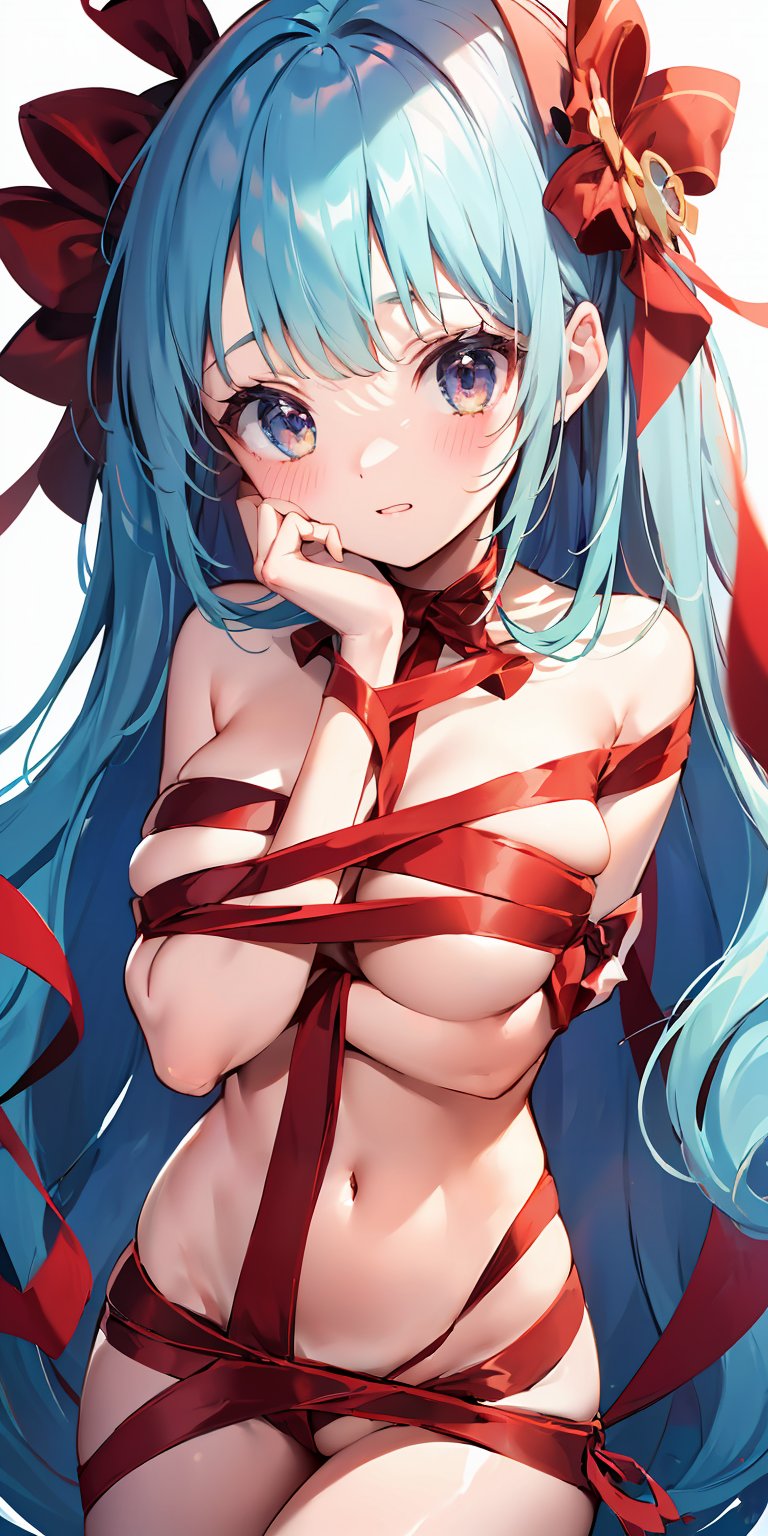 masterpiece,ultra-detailed,best quality,8K,illustration,cute face,clean skin ,shiny hair,girl,simple background  <lora:naked ribbon_SD_V1.0:0.7> body ribbon, naked ribbon,ribbon