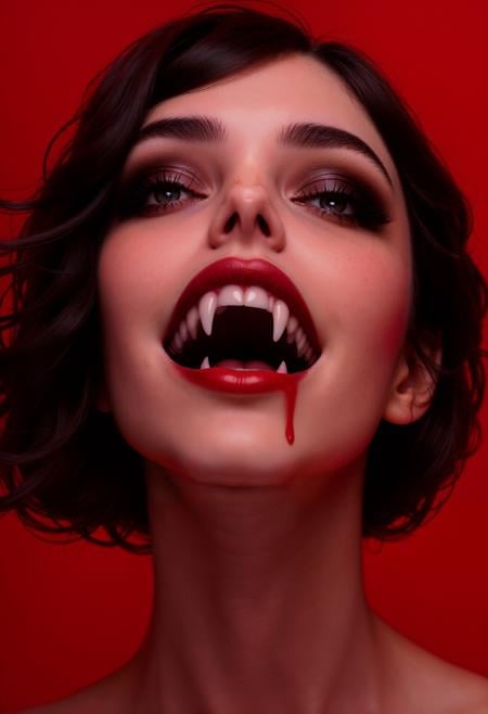 fangs, teeth, solo, close-up, 1 girl, open mouth, blood, dripping, tongue, makeup, red lips, red background, lipstick, (maximum ultra high definition image quality and rendering:3), maximum image detail, maximum realistic render, (((ultra realist style))), realist side lighting, , 8K high definition, realist soft lighting, (amazing special effect:3.5)<lora:FluxF4ngs:1>