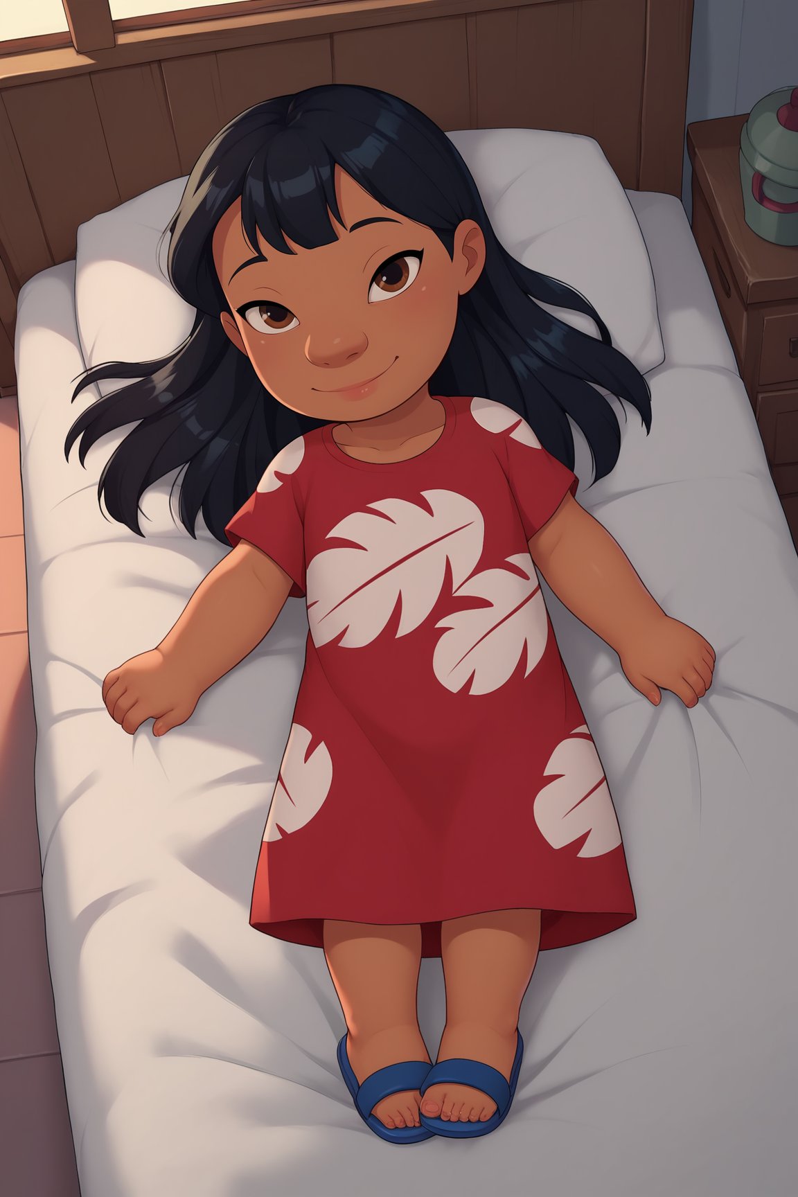 score_9, score_8_up, score_7_up, score_6_up, BREAK, LiloLSXL, child, dark skin, brown eyes, black hair, long hair, bangs, flat chest, red dress, short sleeves, blue sandals, solo, full body, lying on bed, seductive smile, looking at viewer, indoors <lora:LiloLSXL:0.8>