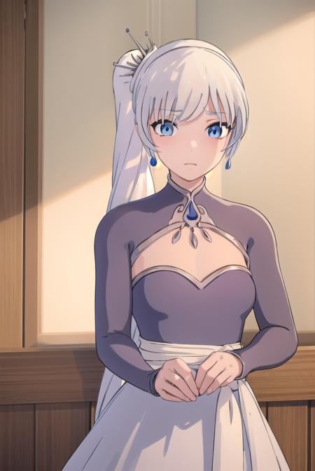 weissschnee, <lora:weissschnee-lora-nochekaiser:1>,weiss schnee, long hair, blue eyes, hair ornament, ponytail, white hair, side ponytail, scar, tiara, scar on face, scar across eye,BREAK dress, jewelry, earrings, blue dress,BREAK indoors,BREAK looking at viewer, (cowboy shot:1.5),BREAK <lora:GoodHands-beta2:1>, (masterpiece:1.2), best quality, high resolution, unity 8k wallpaper, (illustration:0.8), (beautiful detailed eyes:1.6), extremely detailed face, perfect lighting, extremely detailed CG, (perfect hands, perfect anatomy),