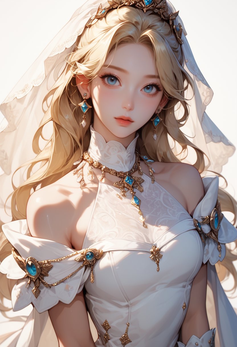 (score_9, score_8_up), score_7_up, score_6_up, 1girl, long hair, looking at viewer, blonde hair, gloves, white background, dress, bare shoulders, jewelry, upper body, earrings, white gloves, necklace, white dress, veil