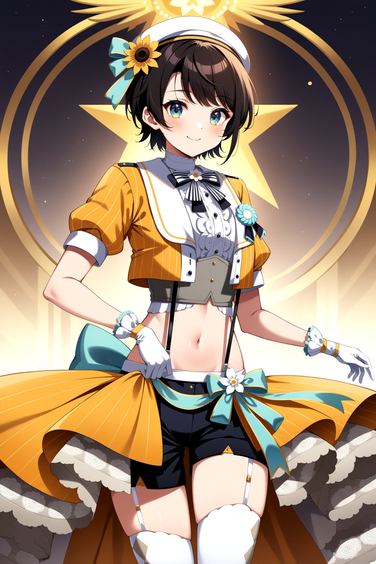 (masterpiece, best quality, very aesthetic, ultra detailed), intricate details, 4k, anime style, hhsubaru, short hair, white headwear, hat flower, bowtie, cropped jacket, yellow jacket, puffy sleeves, short sleeves, white gloves, midriff, suspender shorts, black shorts, showgirl skirt, yellow skirt, garter straps, white thighhighs, <lora:oozora_subaru_XL_v1:0.9>, standing, cowboy shot, smile