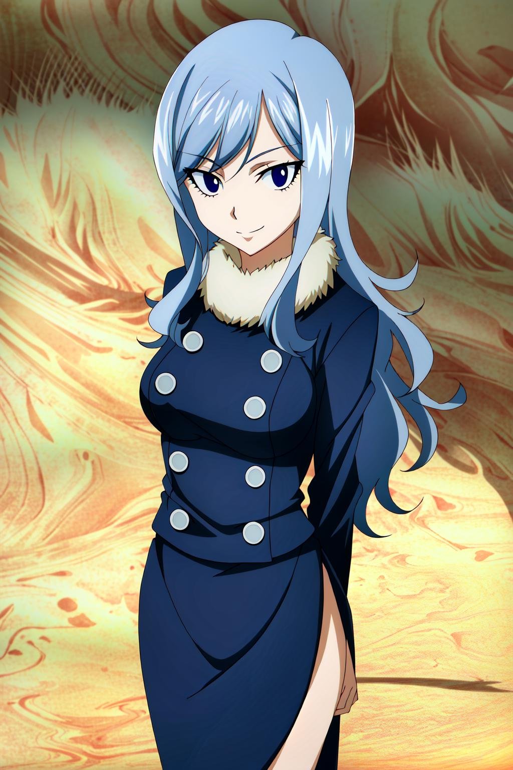 (extremely detailed CG unity 4k wallpaper),(masterpiece),(ultra quality),(ultra-detailed),(best illustration),(best shadow),(absurdres),(detailed background), <lora:OGT_Juvia_Lockser-v2:0.7> Juvia Lockser, 1girl, blue hair, long hair, blue eyes, smile, medium breasts, looking at viewer, arms behind back