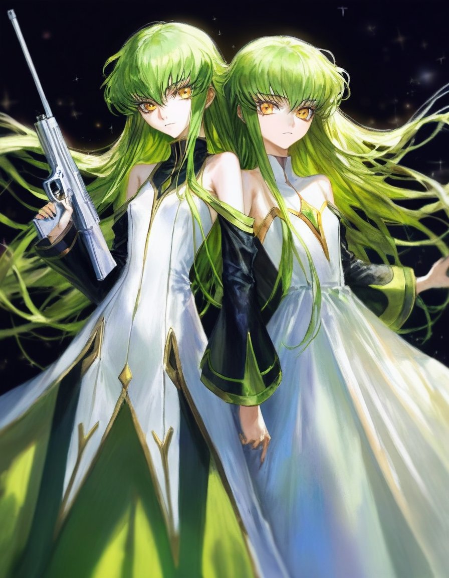 (by quasarcake:1.1), watercolor \(medium\), 2girls, clone, holding gun, c.c., code geass, armpit crease, bare shoulders, black background, black sleeves, bokeh, depth of field, detached sleeves, dress, green hair, long hair, long sleeves, looking at viewer, messy hair, skinny, sparkle, full body, yellow eyes