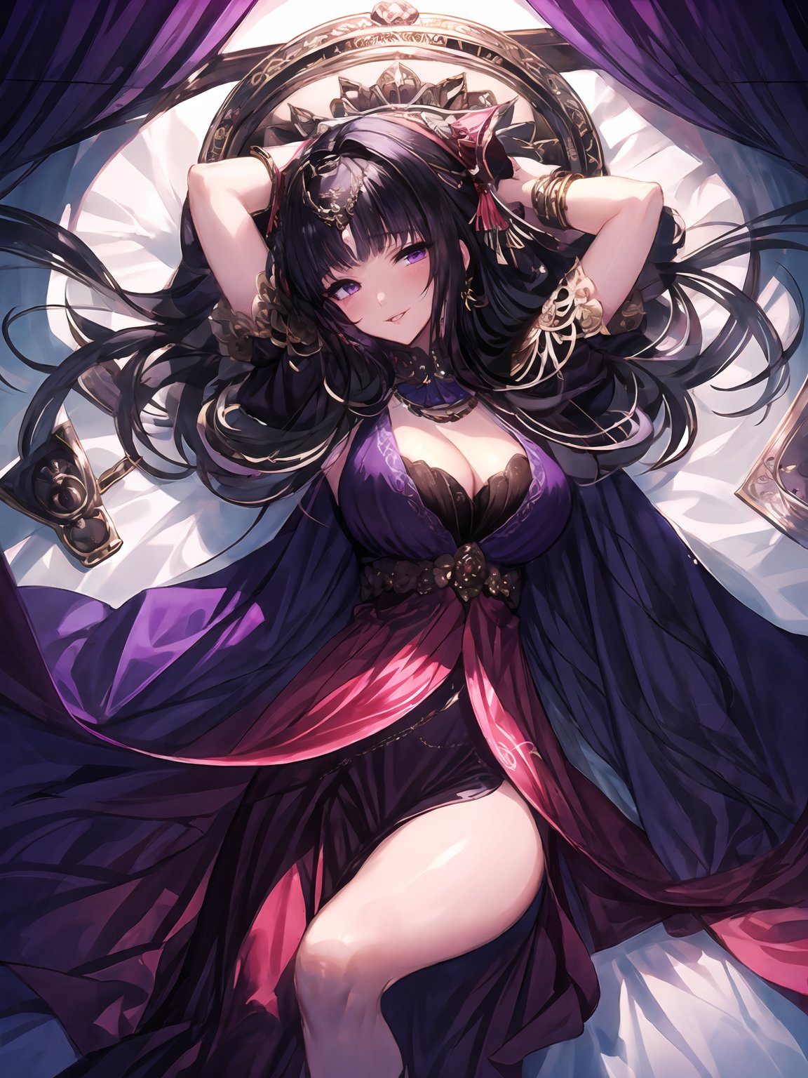 masterpiece,best quality,highres,cinematic lighting,dramatic angle,1girl,<lora:ShadowverseNephthysV1-000015:0.8:lbw=forte>,black hair,very long hair,purple and red dress,purple eyes,looking at viewer,smile,parted lips,pelvic curtain,cleavage,capelet,close-up,parted lips,depth of field,bracelet,arms up,lying,on bed,on back,head tilt,blush,embarrassed,shy,happy