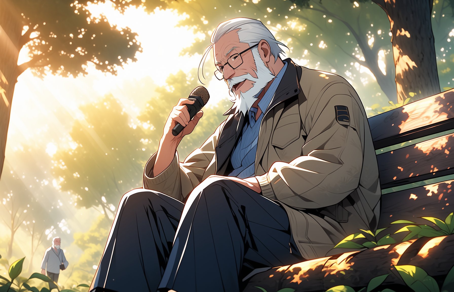 white beard, male focus, white facial hair, sunlight, sitting, glasses, tree, outdoors,music, white hair, pants, old man, singing, old, light rays, jacket, holding, shirt, day, nature, dappled sunlight, black pants, long sleeves, microphone, open mouth, smile, sunbeam,