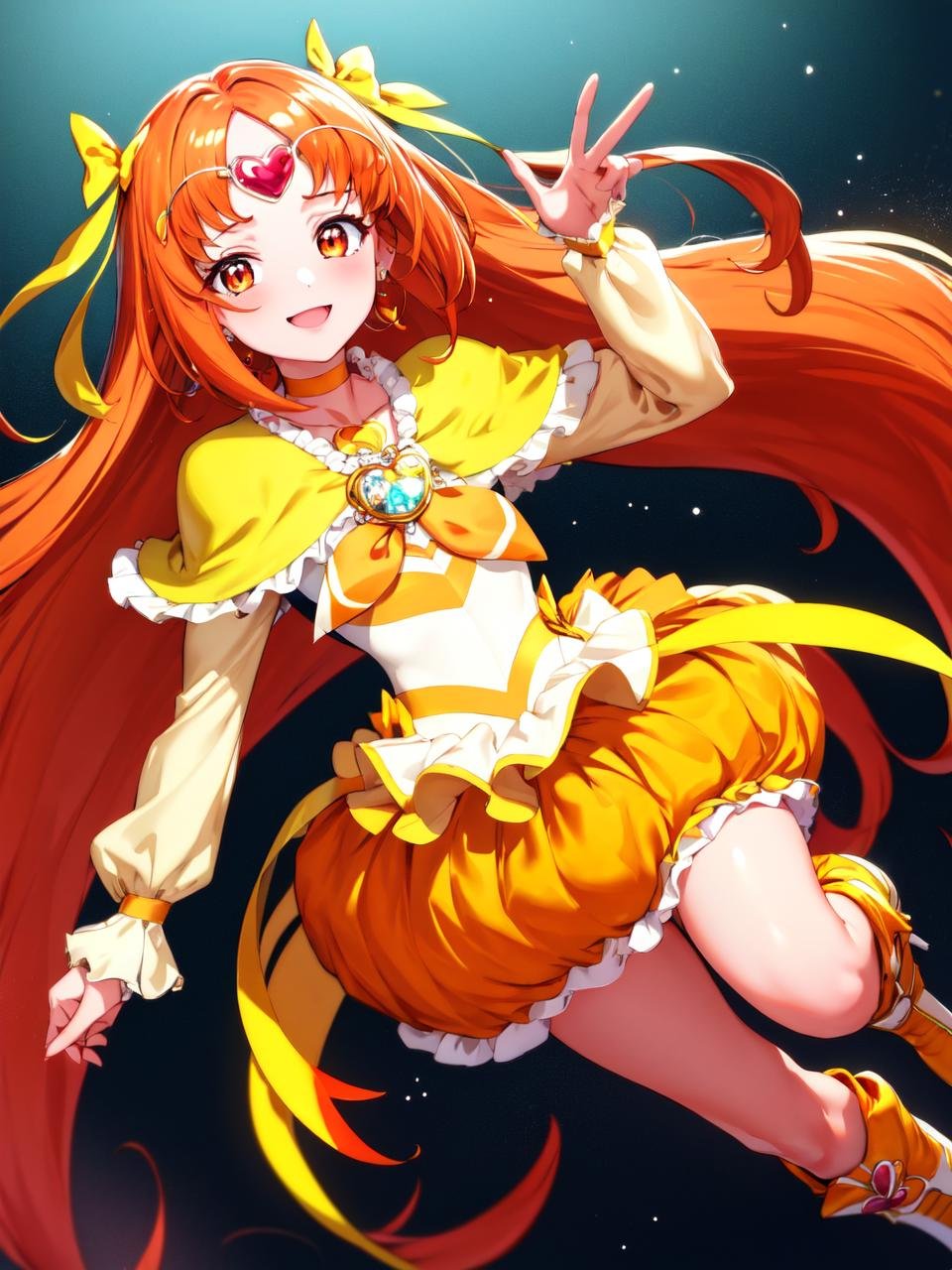 masterpiece, best quality, looking_at_viewer, depth_of_field, full_body,1girl, <lora:locon_cure_muse_01_block-000028:0.9>, cure muse, orange hair, yellow choker, jewelry, brooch, capelet, boots,smile, standing, gradient_background, 