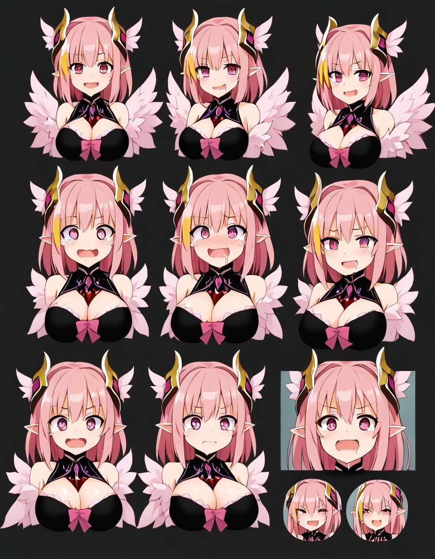 (masterpiece), best quality, expressive pink eyes, perfect face, reference sheet, jubjub, fluffy, 1girl, wings, winged arms, feathered wings, pink feathers, pink hair, yellow highlights, large breasts, talon feet, thighhigh fur, prehensile wings, mouth open, drooling, saliva strands, happy, surprised, annoyed, aroused, crying, standing, panties, bra, pointy ears, reduced outlines, expressions, high variety, <lora:948f36f2-102f-4f57-ba44-2b4859034f0e:1.0>