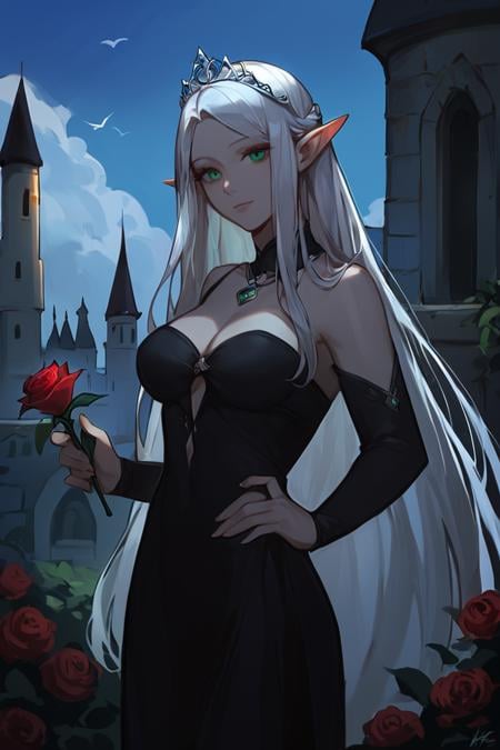 score_9, score_8_up, score_7_up, rating_safe, dark theme, low light, 1girl, solo, elf, pointy ears, breasts, long hair, very long hair, white hair, green eyes, portrait, looking at viewer, black dress, tiara, silver tiara, holding, holding flower, rose, red rose, necklace, jewelry, cowboy shot, standing, outdoors, castle <lora:Smooth Anime Night Style SDXL_LoRA_Pony Diffusion V6 XL:1>