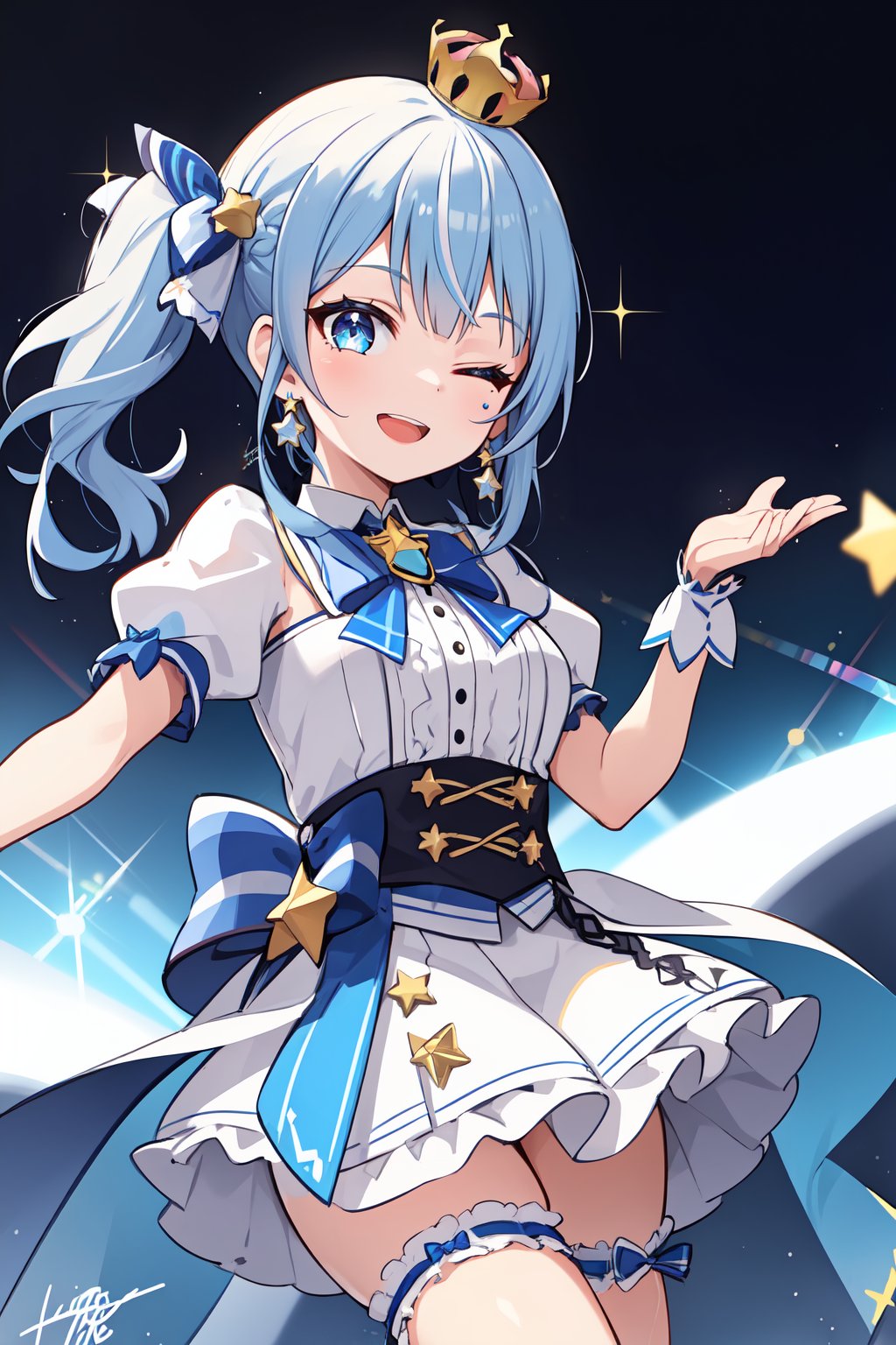 1girl, , artist name, blue eyes, blue hair, bow, crown, earrings, hair bow, hair ornament, hololive idol uniform (bright), jewelry, long hair, one eye closed, open mouth, puffy short sleeves, puffy sleeves, ribbon, shirt, short sleeves, side ponytail, sidelocks, signature, skirt, smile, solo, sparkle, star (symbol), star in eye, symbol in eye, virtual youtuber, 