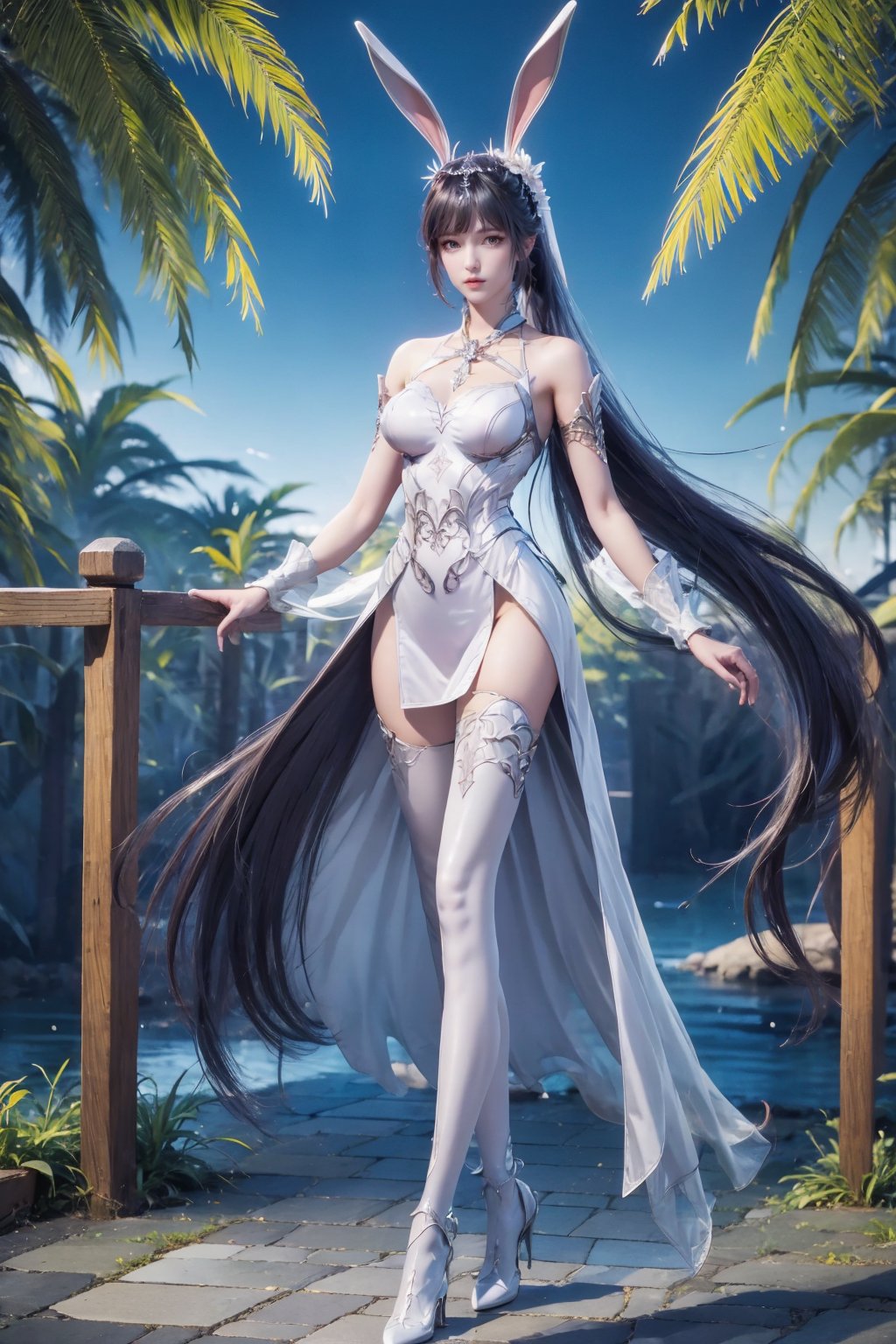 <lora:AgainXiaowu:0.8>, AgainXiaowu, 1girl, solo, animal ears, rabbit ears, long hair, full body, ponytail, tree, hair ornament, high heels, thighhighs, metal collar, sky, palm tree, blue sky, very long hair, dress, bare shoulders, medium breasts, white footwear, standing, white dress, grass, crossed legs, night, see-through