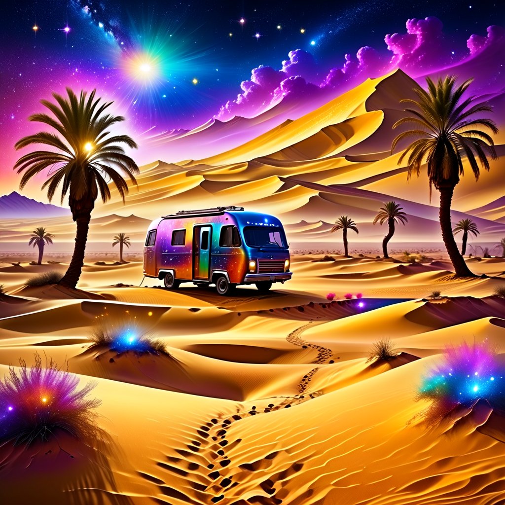 Envision a mystical desert oasis surrounded by golden sand dunes, where an iridescent lake reflects the stars above. Palm trees sway gently in the warm breeze, and vibrant flowers bloom in unexpected colors. In the distance, a caravan of travelers rides on the backs of majestic sand creatures, while shimmering mirages create illusions of distant cities. The atmosphere is enchanting, filled with the promise of adventure and the allure of the unknown.