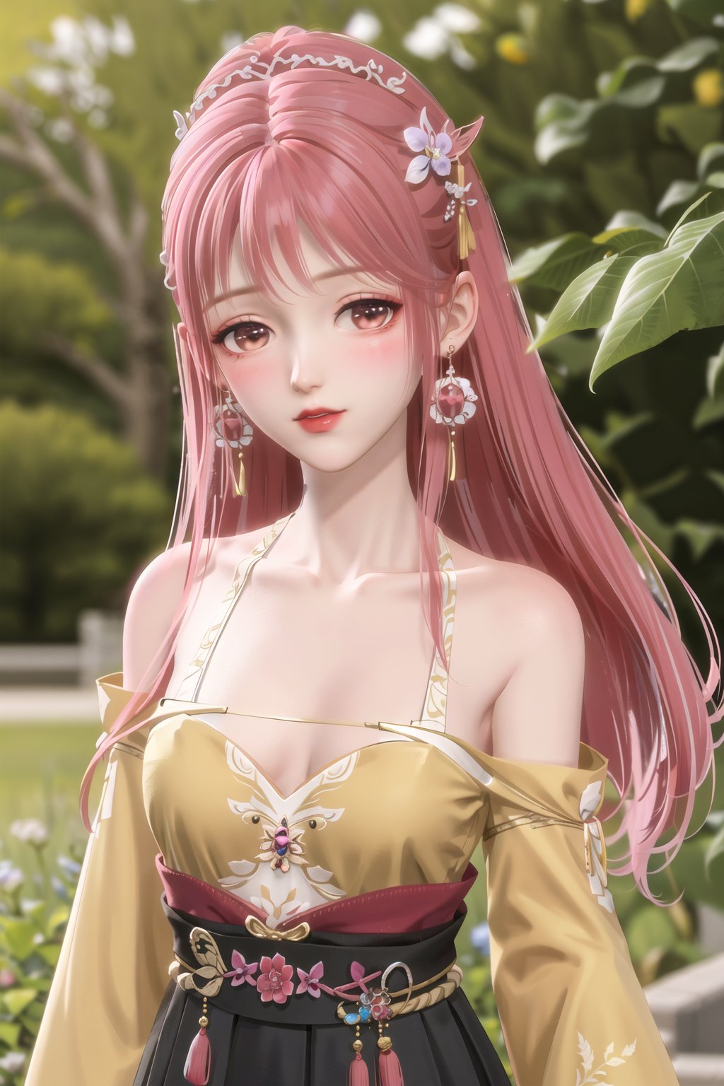 1girl,  bangs, blush, bow,  pink_hair, collarbone,   earrings, halterneck, jewelry,  long_hair, looking_at_viewer，perfect skin, (8k, RAW photo, best quality, masterpiece:1.2),1girl, hair ornament,town ,  skirt<lora:nikki:0.8>,  <lora:hanfu:0.5>hanfu,chinese clothes