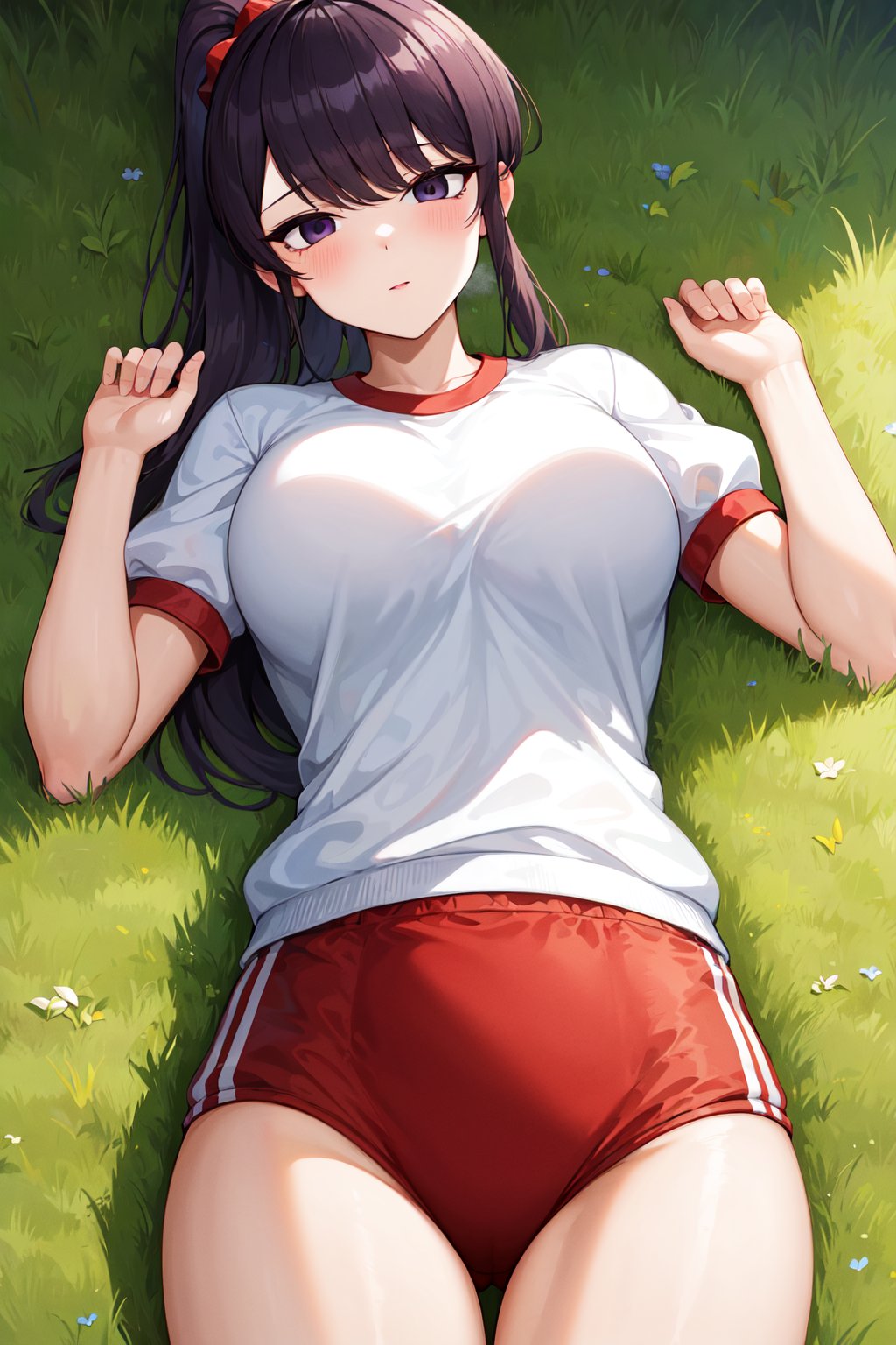 masterpiece, best quality, highres, aashouko, long hair, ponytail, breasts, gym uniform, gym shirt, white shirt, short sleeves, red buruma, <lora:komi_shouko_v1:0.7>, grass, on back, lying, cowboy shot, 