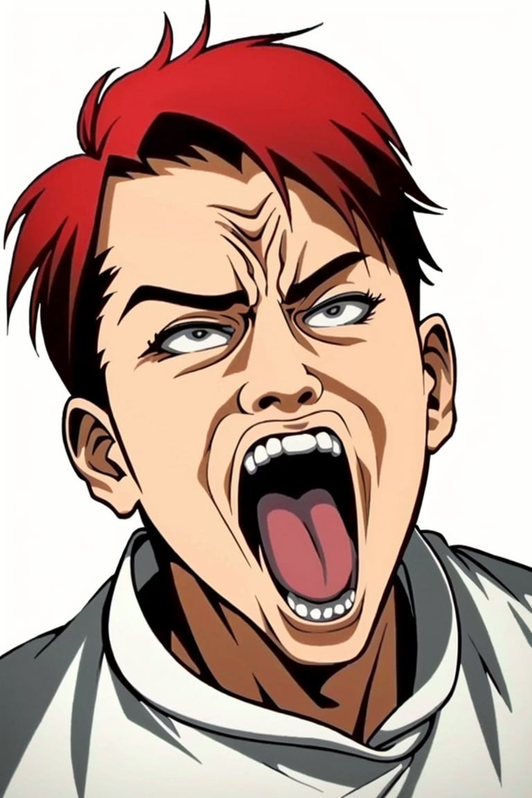 ((HRD, HUD, 8K)),((masterpiece, best quality)), highly detailed,YanYi, solo, 1boy, male focus, open mouth, red hair, white background, tongue, parody, simple background, teeth, what,  <lora:20240601-1717211833822:0.8>