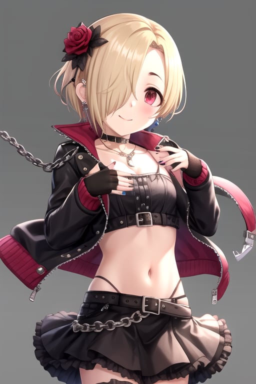 <lora:KoumeShirasaka-07:0.7>, shirasaka koume, 1girl, solo, looking at viewer, blush, smile, short hair, skirt, blonde hair, simple background, hair ornament, red eyes, gloves, long sleeves, bow, navel, jewelry, collarbone, jacket, flower, hair bow, cowboy shot, earrings, frills, choker, black gloves, belt, hair flower, fingerless gloves, black skirt, necklace, nail polish, hair over one eye, collar, black jacket, rose, chain, piercing, frilled skirt, black background, red flower, ear piercing, buckle, zipper, red rose, layered skirt, leather