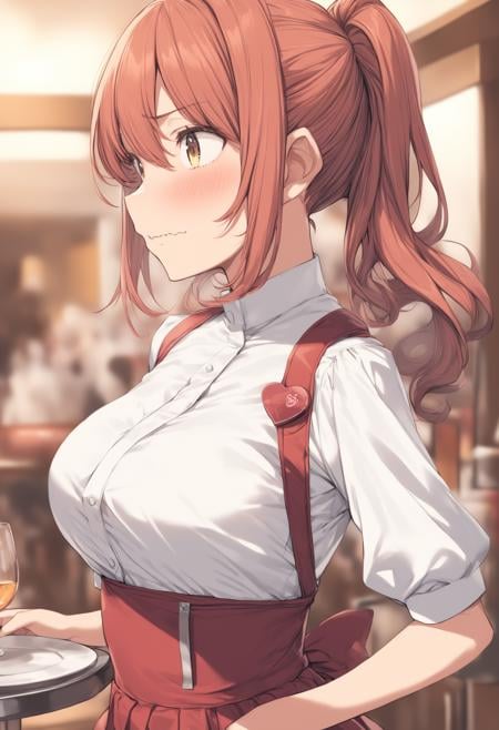 1girl, <lora:sdxl2-flat2-512b:-1>,medium breasts,solo,<lora:annamillerXLv2:0.8>,anna miller ,waitress,name tag,high-waist skirt,suspender skirt, apron,from side, upper body, looking back, wavy mouth,  closed mouth,restaurant,best quality,medium quality,