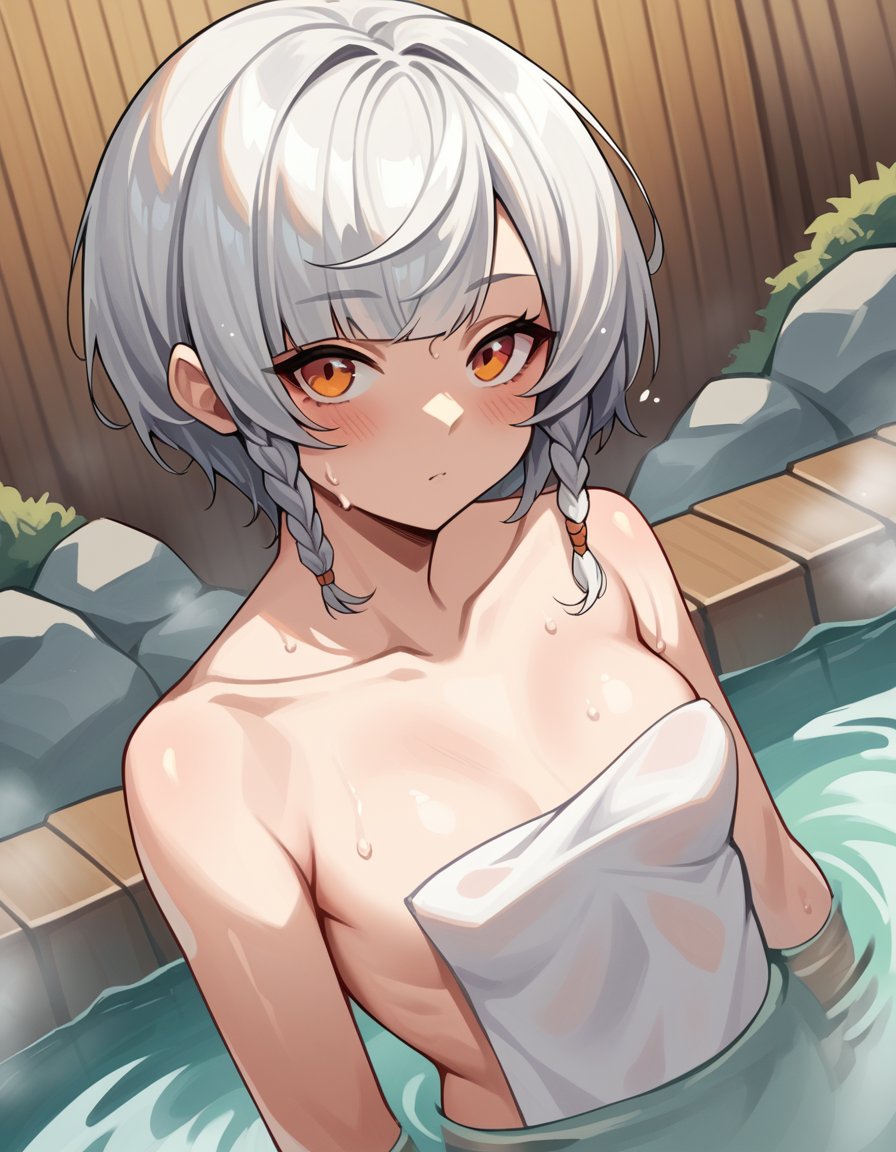 score_9, score_8_up, score_7_up, source_anime, anbydemara, <lora:anby-demara-ponyxl-lora-nochekaiser:1>, anby demara, orange eyes, short hair, white hair,, nude, naked, outdoors, onsen, towel, naked towel, steam, bathing, nude cover, partially submerged, water, bath, steam censor, wet towel, blush, looking at viewer, solo, cowboy shot, dutch angle, small breasts,