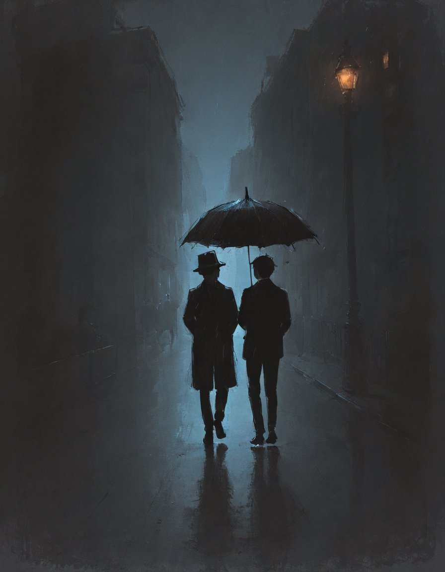 a cute drawing, Rain-soaked streets at night, Silhouettes in fedoras, Secrets whispered low 