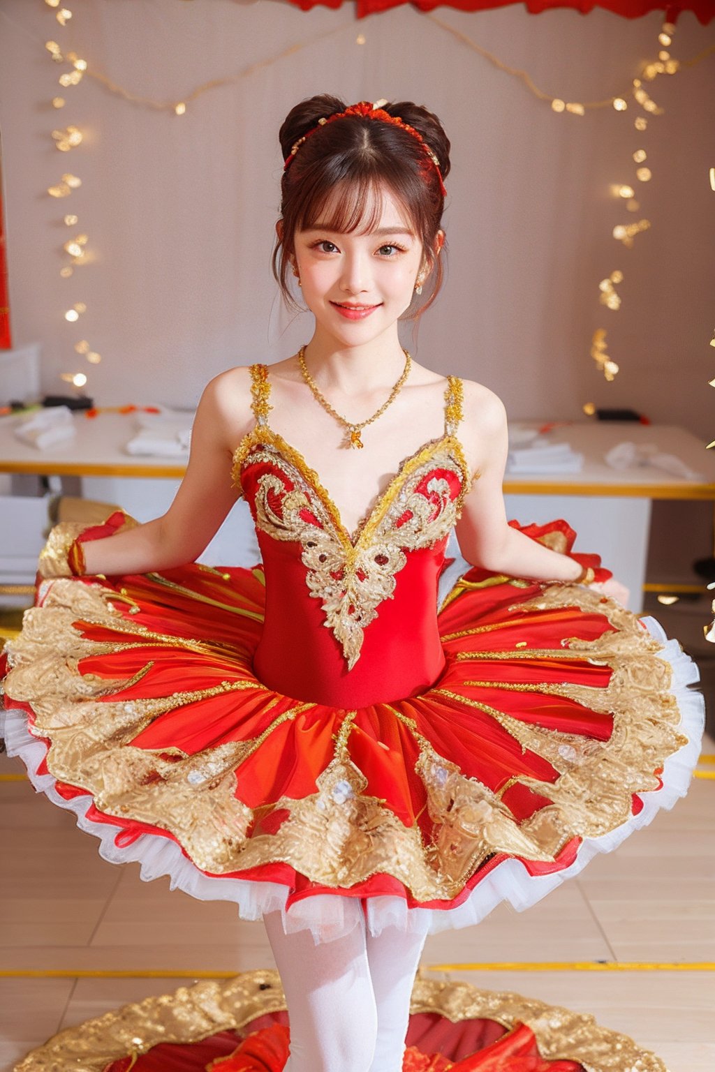 HDR,UHD,8K,best quality,masterpiece,Highly detailed,Studio lighting,ultra-fine painting,sharp focus,physically-based rendering,extreme detail description,Professional,masterpiece, best quality,delicate, beautiful,(1girl),(red Ballet_tutu:1.5),(jewelry:1.5),lace,(looking_at_viewer:1.2), realistic,(blunt bangs:1.2),(hair bun),(standing:1),(hair ornament:1.2), (jewelry necklace:1),dance classroom background,(Half-length photo:1),(smile:1),(white lace stockings:1),