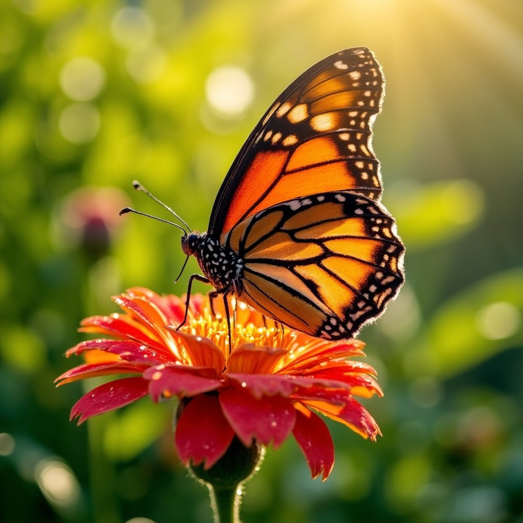 A highly detailed photograph of a butterfly resting on a vibrant, velvety-petaled flower with subtle dew droplets, amidst a blurred, natural bokeh of lush green foliage. The butterfly's delicate wings feature realistic, intricate patterns in shades of burnt orange and rich black, with soft, downy textures and microscopic scales, illuminated by warm, dappled sunlight that creates a radiant, ethereal glow.